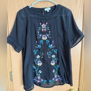 UMGEE Floral Embroidered Boho Peasant Short Sleeve
Black Blouse Women’s Size L